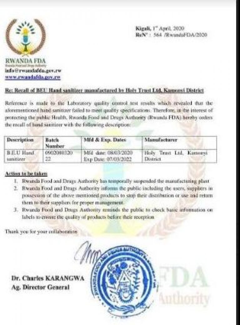 Rwanda FDA Recalls Locally Made B.E.U Hand Sanitizers KT PRESS