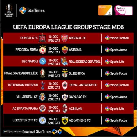 Watch UEFA Europa League on StarTimes: Final Group Game for Premier League Clubs